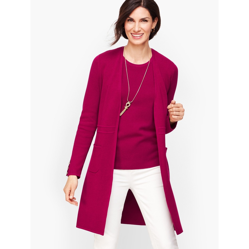 Talbots Magenta Berry Cotton Modal Knit Cardigan Open Front Sweater Pockets M